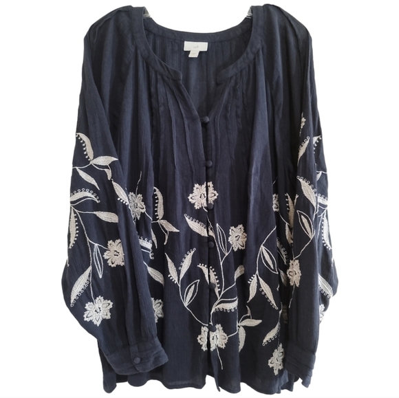 J JILL Navy Blue White Embroidered Floral Button Front Long Sleeve Large - Picture 2 of 7